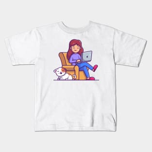 Women working on laptop with cat cartoon Kids T-Shirt